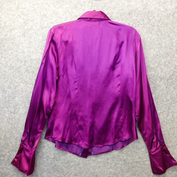 Vintage Purple Satin Button Up Shirt Womens L Magenta Retro 70s USA Made JOSHUA - Picture 2 of 13